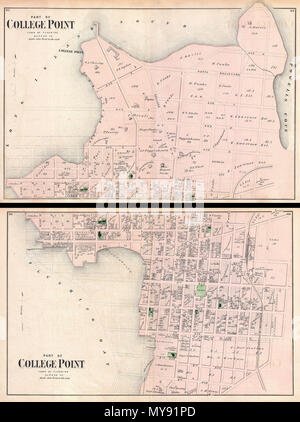 . Parte del College Point, Città di lavaggio, Queens Co. - Parte del College Point, Città di lavaggio, Queens Co. Inglese: un esempio di scarsa di Fredrick W. Beers mappa due set di College Point, Queens, a New York. Pubblicato in 1873. Foglio di fondo copre approssimativamente da ciò che è stato poi 9th Avenue verso nord per quanto riguarda ciò che è stato poi la 2a avenue. Foglio di sommità continua dal 2° avenue a College Point e il Long Island Sound. Delimitato a est dalla baia di lavaggio e ad ovest da Powells Cove. Proposta di discariche in Long Island Sound e il lavaggio bay in fantasma. Dettagliata per il livello dei singoli edifici e Foto Stock