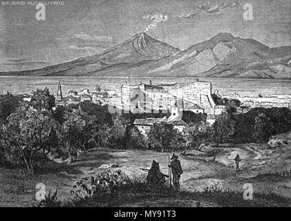 . Incisione Antica - Antica incisione raffigurante Reggio Calabria ed il suo castello con il vulcano Etna sullo sfondo. epoca moderna. Sconosciuto 448 Reggio Calabria incisione castello etna Foto Stock