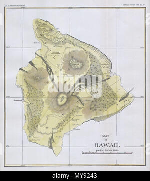 . Mappa delle Hawaii. Inglese: questa bellissima e affascinante mappa dell'isola delle Hawaii, il più grande dell'isola hawaiana catena, è stato pubblicato per il 1883 Relazione annuale della U. S. Geological Survey. Offre mappe topografiche dettagliate e informazioni geologiche in riferimento alle foreste, montagne e vulcani, e i flussi di lava. . 1883 9 1883 U.S.G.S. Mappa di Isola di Hawaii - Geographicus - HawaiiHawaii2-USGS-1883 Foto Stock