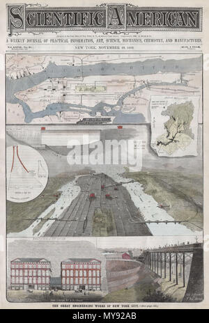 . La grande opera di ingegneria di New York City. Inglese: qui offerto è una rara edizione scientifica della rivista americana rilasciato a lodare i grandi progetti di ingegneria di New York City. Il coperchio anteriore dispone di una mappa della città di New York è elevata la linea ferroviaria - il precursore del moderno sistema di metropolitana, una vista di Manhattan che mostra le diverse stazioni importanti e ponti e una chiusura del 155Street viadotto con il nuovo 'Manhattan campo" (in seguito chiamato Polo Ground), e per il mai costruito Union Station sulla West 42nd Street. Include la piena 10 page rivista. Caratteristiche proiettata ma mai realizzato Foto Stock