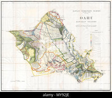 . Oahu, isole hawaiane. Inglese: Questo variano in grande, rare e straordinaria 1902 mappa dell'isola di Ohau, Hawaii, è stato preparato per la relazione 1906 del governatore del Territorio delle Hawaii per il Segretario degli Interni. Le aree di Honolulu, Pearl Harbor, Diamond Head, Koko Head e la Baia di Kailua sono descritti come pure la deliziosamente denominato Cocoa-Nut Grove sulla baia di Maunaloa, completare con piccoli alberi di noce di cocco. Sebbene la cartografia del lavoro che ha prodotto questa mappa è stata avviata nel 1878, durante la monarchia hawaiana, la mappa stessa, e la relazione che conteneva, è stata emessa in seguito gli Stati Uniti Foto Stock