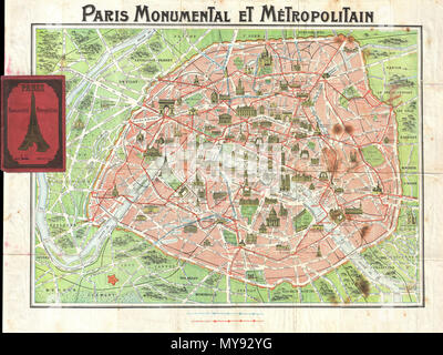 . Parigi monumentale et Metropolitana. Inglese: questo è un punto estremamente attraente c. 1920 tasca turistiche Mappa di Parigi, Francia. Copre la vecchia città murata di Parigi e nelle immediate vicinanze. Importanti edifici sono mostrati nel profilo, tra cui la Torre Eiffel. La mostra entrambe le linee ferroviarie e della metropolitana in tutta la città. Sebbene non datate possiamo assegnare una data approssimativa a causa dello sviluppo del sistema di metropolitana e la mappa di stile globale e la costruzione. Attaccato al rosso originale cartaceo opuscolo. Preparato da Robelin. . 1920 (non datato) 11 1920 Robelin Mappa di Parigi, Francia - Geographicus - Paris-robelin Foto Stock