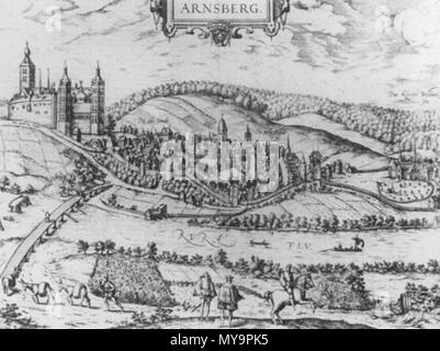 . Inglese: Vista di Arnsberg con il castello e il monastero Westinghausen, in Westfalia, circa 1588, da un ignoto intagliatore. Primo piano, due uomini, presumibilmente il signore del castello e un visitatore, terra di mezzo, il fiume Rurh, con una " nuova " ponte attraverso di esso (il vecchio è in rovina leggermente a sinistra). Castello è sulla sinistra, cittadina nel mezzo, ed il monastero sulla destra. circa 1620. Ignoto intagliatore, 50 Arnsberg Castello c1588 Foto Stock