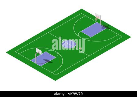 Isometrica del vettore pubblico esterno campo da pallacanestro con sfera Illustrazione Vettoriale