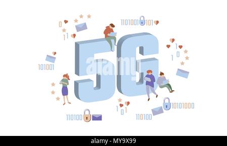 5G wireless di nuova connessione ad internet tramite wifi. Piccolo popolo grandi lettere di simbolo. Gadget isometrica del dispositivo blue 3d piatta. Rete globale ad alta velocità di dati dell'innovazione tecnologia tasso di illustrazione vettoriale Illustrazione Vettoriale