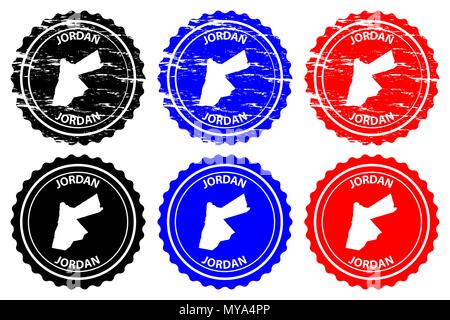 Giordania - timbro di gomma - vettore, il Regno hascemita di Giordania mappa del modello - adesivo - nero, blu e rosso Illustrazione Vettoriale