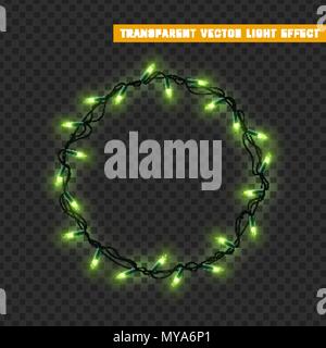 Ghirlande green vettore isolato telaio wreath round. Le decorazioni di Natale gli effetti delle luci. Luci incandescenti per vacanze di Natale. Illustrazione Vettoriale