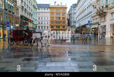 Vienna, Austria - 22 Ottobre 2017: un carrello con due cavalli bianchi sulla piazza della città vecchia Foto Stock