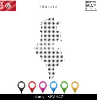 Vettore Mappa tratteggiata della Tunisia. Semplice Silhouette della Tunisia. Bandiera Nazionale della Tunisia. Insieme multicolore i marcatori mappa Illustrazione Vettoriale