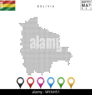 Vettore Mappa punteggiata di Bolivia. Semplice Silhouette della Bolivia. Bandiera nazionale della Bolivia. Insieme multicolore i marcatori mappa Illustrazione Vettoriale