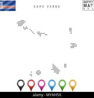 Vettore Mappa punteggiata di Capo Verde. Semplice Silhouette di Capo Verde. Bandiera nazionale di Capo Verde. Variopinto i marcatori mappa Illustrazione Vettoriale