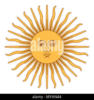 Sole di maggio, spagnolo Sol de Mayo, un emblema nazionale dell'Argentina sulla bandiera del paese. Illustrazione su bianco. Foto Stock