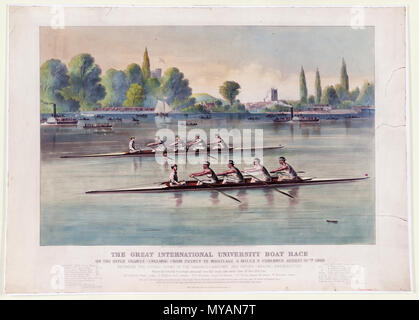 La grande università internazionale di corsa in barca sul fiume Tamigi (Inghilterra) da Putney a Mortlake 4 miglia 2 furlongs 27 Agosto 1869 : Tra le raccolte degli equipaggi di Harvard (americana) e Oxford (Inglese) università. Foto Stock