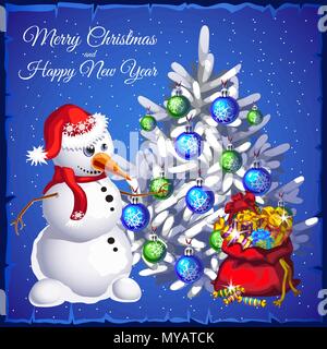 Modello di scheda di Natale. Pupazzo di neve nei pressi di albero di Natale con doni. Illustrazione Vettoriale. Illustrazione Vettoriale