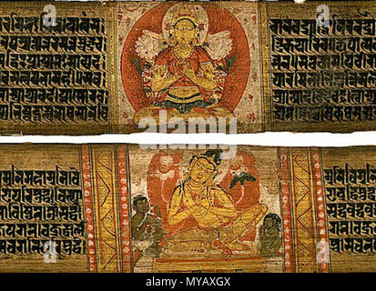 . Inglese: Astasahasrika Prajnaparamita manoscritto. Prajnaparamita e scene di Buddha della vita (top), Maitreya e scene di Buddha della vita (fondo), circa 1075 Prenota/manoscritto; VERNICIATURA; acquerello, Testo: scritto in inchiostro; illustrazioni: opaco acquerello su foglia di palma. Xi secolo. Unknown xi secolo pittore. Immagine digitale fornito da Mario Gallardo. 53 Astasahasrika Prajnaparamita Sutra manoscritto due foglie Foto Stock