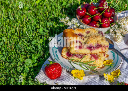 Foto orizzontale con due porzioni di torta di ciliegie. La torta viene collocato sul piattino e su asciugamano bianco. Ciotola piena di altri frutti è accanto alla torta con diversi Foto Stock