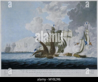 . Inglese: La Battaglia di Lissa il 13 marzo 1811; sotto l'immagine sono tabelle di francese e inglese le forze e la didascalia recita: PER GLI UFFICIALI, i marinai e marines DELLA SUA MAESTÀ IL NAVI AMPHION, CEREBUS, tensione & attivo., / questa piastra rappresenta la loro di attaccare il Regno italiano e francese squadroni fuori dell'isola di Lissa nel Mare Adriatico, sulla 13.Marzo 1811. / Questa piastra è con grande rispetto dedicata da loro più obed.t h.ble serv.t / Londra. Pubblicato Feb.y 1.ST 1812. da R. Lambe. N.o 39. Fleet Street. Pubblicato il 1 Febbraio 1812 da R Lambe, 39 Fleet Street, Londra. Incisione di Henri Foto Stock