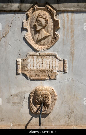 Sculture e iscrizione in latino, datata 1604, a becco di acqua nel centro storico della città sulla collina di Morano Calabro, Calabria, Italia Foto Stock