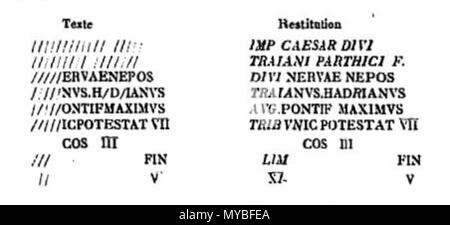 . Français : Lecture et restituzione par François Eygun de la borne milliaire trouvée à une cinquantaine de mètres de la Gare des tramways de Cenon, en 1928. La CIL XVII2, 00441 = 00474 ILTG sur Epigraphik-Datenbank Clauss-Slaby Latina: [Imp(erator) Cesare divi] / [Traiani P]ar[thici f(ilius)] / [divi N]ervae nepos / [Trai]ano Hadrianus / [aug(ustus)] ponti(fex) maximus / [tribu]nic(ia) potestat(e) VII / co(n)s(UL) III / [Lim(ono)] / [XI] // fin(ibus) / V . 3 marzo 2013, 11:37:21. François Eygun 82 portato milliaire de la Gare des tramways de Cenon Foto Stock