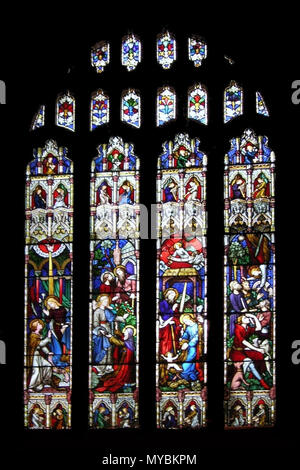 . Inglese: la Cattedrale di Sant'Andrea, Sydney. Uno di un ciclo di 27 windows da John Hardman e Co di Birmingham, che illustra la vita e le parabole di Gesù. Questa finestra mostra la storia della nascita di Gesù in quattro scene, l'Annunciazione, la Visitazione, la Natività, i pastori . 1860s. John Hardman e Co 499 St Andrews Sydney windows A1 la nascita di Gesù Foto Stock