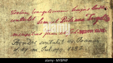 . Inglese: Codex Monacensis, due note su una carta risguardo del libretto, realizzato da Tregelles nel 1846 e Bruder nel 1882 . Decimo secolo. Sconosciuto 116 Cod. Monacensis, due note su carta risguardo del libretto - Tregelles e Bruder Foto Stock