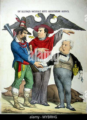. Inglese: la satira di alleanza tra il cardinale brigants e vecchio regime italiano: Stampa satirica (allegoria) Acquerellata a mano: un' alleanza naturale sotto augustissimi auspici del Cardinale Antonelli tra nazioni unite brigante e esponente delle nazioni unite dei vecchi regimi in funzione anti unitaria italiana . 1861. Firma non leggibile 97 Cardinale brigante Foto Stock