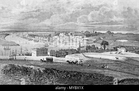 . Incisione di 'Chatham Dockyard da Fort Pitt' dall Irlanda la storia di Kent, Vol. 4, 1831. Appare tra le pagine 348 e 349. Disegnata da G. Sheppard, inciso da R. Roffe. [Questa vista è presa guardando verso nord lungo il fiume Medway (Chatham raggiungere) verso la foce. Chatham Dockyard è sul lato destro del fiume. A destra del Dockyard, l'elevata area è noto come le grandi linee, o linee di Chatham. L'abitato affondata tra le linee e la collina dalla quale la vista è presa, consiste nella città di Chatham sulla destra, si fonde con la città di Rochester a sinistra. Foto Stock