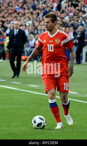 Mosca, Russia - 5 giugno 2018. Attaccante russo Fedor Smolov durante l'amichevole internazionale contro la Russia a VEB Arena stadium di Mosca. Foto Stock