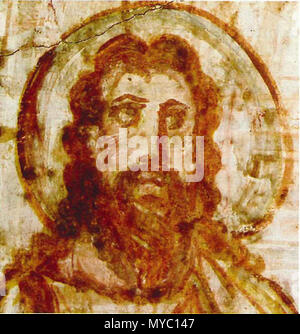 . Inglese: pittura murale da la catacomba di Commodilla. Busto di Cristo. Questo è uno dei primi barbuto le immagini del Cristo, durante il IV secolo Gesù stava cominciando ad essere rappresentato come i vecchi e barbuto, contrariamente alle precedenti l'arte cristiana, che di solito hanno mostrato un giovane e pulire ben rasata Gesù. Italiano: Cristo barbato (dettaglio), affresco 60x72, fine IV - inizio V secolo, Catacombe di Commodilla, Roma. Iv secolo D.C. Anonimo 120 Comodilla catacomba Iesus iv secolo Foto Stock