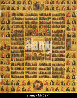 . Inglese: Icona di Chetyi-Minei (calendario di santi).Nel centro è la risurrezione di Cristo circondato da scene da Settimana Santa e le feste del ciclo pasquale. Intorno a loro sono dodici raggruppamenti di santi: uno per ogni mese dell'anno di calendario. In frontiera sono le icone della Theotokos (Madre di Dio), ciascuno dei quali ha un giorno di festa durante l'anno liturgico. Русский: Икона "Минеи на год" (календарь на год) с изображением всех святых, расставленных по своим дням. XVIII-XIX c.?. Sconosciuto 108 Cheryi-minei Foto Stock