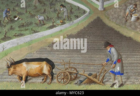 . Inglese: primo lavoro agricolo dell'anno, semina e aratura e simili. Il castello è in background Lusignan. Dettaglio dal calendario Les très ricchezze heures dal XV secolo. Questo è un dettaglio dalla pittura per marzo. 1410s. Paolo Limbourg, Hermann Limbourg e Jean Limbourg 138 particolare di Les tres ricchezze heures - Marzo Foto Stock