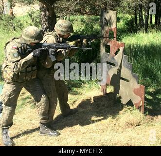 Soldati polacchi dal XV Brigata meccanizzata dimostrare arma di manipolazione e impegnare il nemico PER GLI STATI UNITI I soldati dell esercito dalla truppa Commanche, 1° Stormo, 2° reggimento di cavalleria, Battle Group Polonia durante lo sciopero di Saber 18 in Wyreby, Polonia il 6 giugno 2018. Sciopero di Saber 18 è l'ottava iterazione della lunga U.S. Esercito Europa-led formazione cooperativa esercizio progettata per migliorare l'interoperabilità tra alleati e partner regionali. (Michigan esercito nazionale Guard foto da 1Lt. Erica Mitchell/ rilasciato). Foto Stock