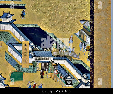 . 'Vista di Edo' (Edo zu) coppia di sei-pannello schermi di piegatura (XVII secolo). In alto al centro del primo pannello a sinistra dello schermo. Enciente centrale del castello di Edo, torre di castello, Bairinzaka, Hirakawaguchi Gate. Il XVII secolo. Sconosciuto 153 Edo l123 Foto Stock