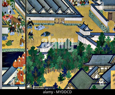 . 'Vista di Edo' (Edo zu) coppia di sei-pannello schermi di piegatura (XVII secolo). In alto al centro del primo pannello a sinistra dello schermo. Enciente centrale del castello di Edo, torre di castello, Bairinzaka, Hirakawaguchi Gate. Il XVII secolo. Sconosciuto 153 Edo l121 Foto Stock
