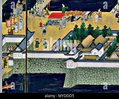 . 'Vista di Edo' (Edo zu) coppia di sei-pannello schermi di piegatura (XVII secolo). In alto al centro del primo pannello a sinistra dello schermo. Enciente centrale del castello di Edo, torre di castello, Sannomaru 三の丸, Oote 大手門 Gate. Il XVII secolo. Sconosciuto 153 Edo l127 Foto Stock