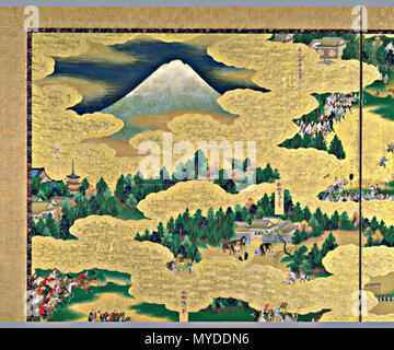 . Inglese: Vista di Edo, schermo sinistro. coppia di sei-pannello schermi di piegatura (XVII secolo). Parte superiore del pannello di Sesto, a sinistra dello schermo. Per la Ikegami, distante un vista di Mt. Fuji, Honmonji Tempio. Il XVII secolo. Questa coppia di sei schermate del pannello raffigurante la città di Edo (Tokyo) e i suoi sobborghi e le realizzazioni dei Tokugawa Iemitsu (il terzo shogun) fornisce un raro materiale storico per l'inizio periodo Edo. Ci sono diverse teorie riguardo la data della loro creazione. Ogni schermo misura 162,5 x 366.0 cm. 153 Edo l61 Foto Stock