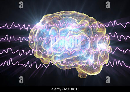 Il cervello e le onde cerebrali in stato sveglio durante il riposo, illustrazione del computer. Un'elettroencefalogramma (EEG) misura l'attività elettrica del cervello utilizzando elettrodi collegati al cuoio capelluto. Vari disturbi possono essere diagnosticati analizzando i risultati EEG. Foto Stock