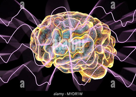 Il cervello e le onde cerebrali durante il sonno profondo, illustrazione del computer. Un'elettroencefalogramma (EEG) misura l'attività elettrica del cervello utilizzando elettrodi collegati al cuoio capelluto. Vari disturbi possono essere diagnosticati analizzando i risultati EEG. Foto Stock