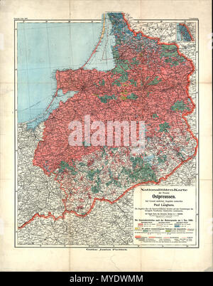 . Deutsch: Nationalitäten-Karte der Provinz Ostpreussen / auf Grund amtlicher Angaben entworfen von Paolo Langhans. Die Angaben über die Sprachverhältnisse beruhen auf den Feststellungen des Königlich Preußischen Statistischen Landesamtes. Die Gemeindeeinheiten nach der Muttersprache am 1. Dez. 1900 Inglese: Nazionalità mappa della provincia della Prussia orientale / sulla base di dati ufficiali effettuate da Paolo Langhans. I dati sulle lingue sono basate sulle relazioni della Royal statistico prussiano ufficio statale. Il comune di unità secondo la loro lingua madre il 1 dicembre 1900. 1907. Paolo Lang Foto Stock