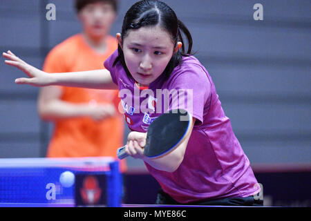 Kitakyushu, Giappone. Credito: MATSUO. Il 7 giugno, 2018. Hina Hayata (JPN) Tennis da tavolo : 2018 ITTF World Tour, LION Japan Open Kitakyushu ufficiale della sessione di formazione a Kitakyushu City Palestra generale in Kitakyushu, Giappone. Credito: MATSUO .K AFLO/sport/Alamy Live News Foto Stock