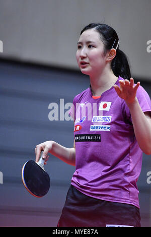 Kitakyushu, Giappone. Credito: MATSUO. Il 7 giugno, 2018. Hina Hayata (JPN) Tennis da tavolo : 2018 ITTF World Tour, LION Japan Open Kitakyushu ufficiale della sessione di formazione a Kitakyushu City Palestra generale in Kitakyushu, Giappone. Credito: MATSUO .K AFLO/sport/Alamy Live News Foto Stock