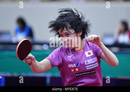 Kitakyushu, Giappone. Credito: MATSUO. Il 7 giugno, 2018. Miu Hirano (JPN) Tennis da tavolo : 2018 ITTF World Tour, LION Japan Open Kitakyushu ufficiale della sessione di formazione a Kitakyushu City Palestra generale in Kitakyushu, Giappone. Credito: MATSUO .K AFLO/sport/Alamy Live News Foto Stock