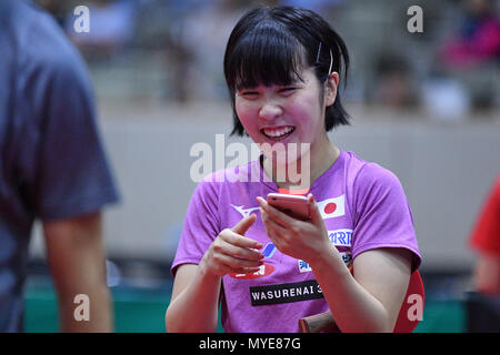 Kitakyushu, Giappone. Credito: MATSUO. Il 7 giugno, 2018. Miu Hirano (JPN) Tennis da tavolo : 2018 ITTF World Tour, LION Japan Open Kitakyushu ufficiale della sessione di formazione a Kitakyushu City Palestra generale in Kitakyushu, Giappone. Credito: MATSUO .K AFLO/sport/Alamy Live News Foto Stock