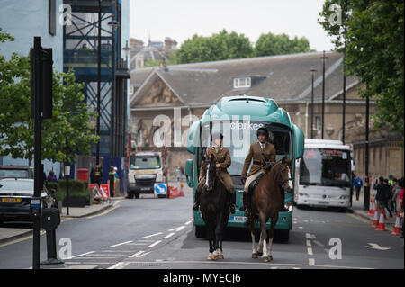 Buckingham Palace Road, Londra, Regno Unito. Il 7 giugno, 2018. Due esercito britannico Divisione Casa cavalli sono esercitati in ora di punta del traffico di mattina vicino alla caserma di Wellington nel centro di Londra, fermato al semaforo. Credito: Malcolm Park/Alamy Live News Foto Stock