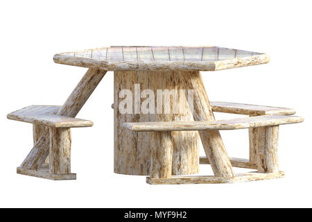 Picnic in legno tavolo e sedie isolato su bianco, 3D render. Foto Stock