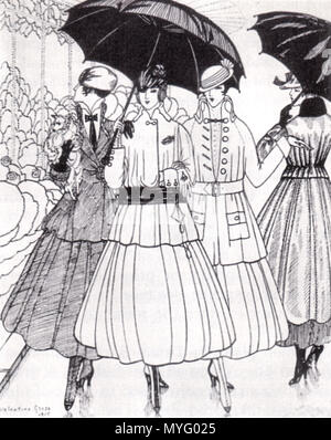 . "È ancora piove', piastra di moda da La Gazette du Bon Ton, 1915, mostra (da sinistra a destra) tailleur da Paquin, Lanvin, e Doeuillet ed un cappotto da Paquin. 1915. Valentino lordo (Madame Jean Hugo) 204 Gazette du Bon Ton piastra moda 1915 PIOGGIA Foto Stock