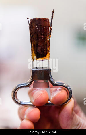 Una chiusura di un maggiordomo della vite di sughero utilizzato per la visualizzazione di un tappo da una bottiglia di vino d'annata. Foto Stock