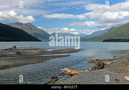 Flusso glaciale entrando Kenai lago nella Penisola di Kenai dell Alaska Foto Stock