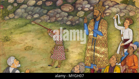 . Inglese: Humayun insegna ai giovani Akbar a sparare, dettaglio Akbarnama, 1602-4, British Library . 17 Novembre 2015 249 anonimi Humayun insegna ai giovani Akbar a sparare, dettaglio Akbarnama, 1602-4, British Library Foto Stock