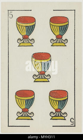 . Inglese: Aluette deck, B. P. Grimaud editor, Francia, 1860: cinque di coppe . 1860. B. P. Grimaud 274 Jeu d'Aluette - Grimaud - 1860 - Cinque di coppe Foto Stock